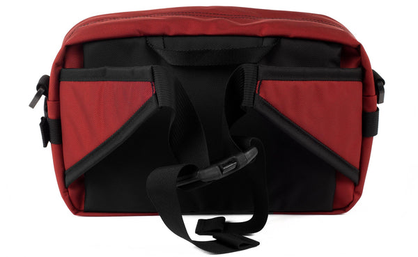 The LGD in Mars Red. Back view, showing the hide-away padded hip belt.